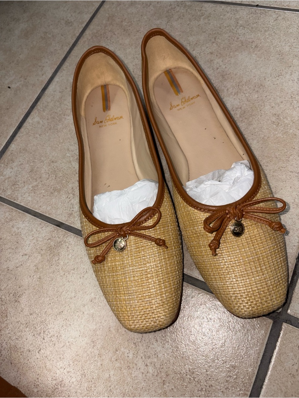 Sam Edelman Tan Woven Ballet Flats with Brown Trim - Picture 2 of 7